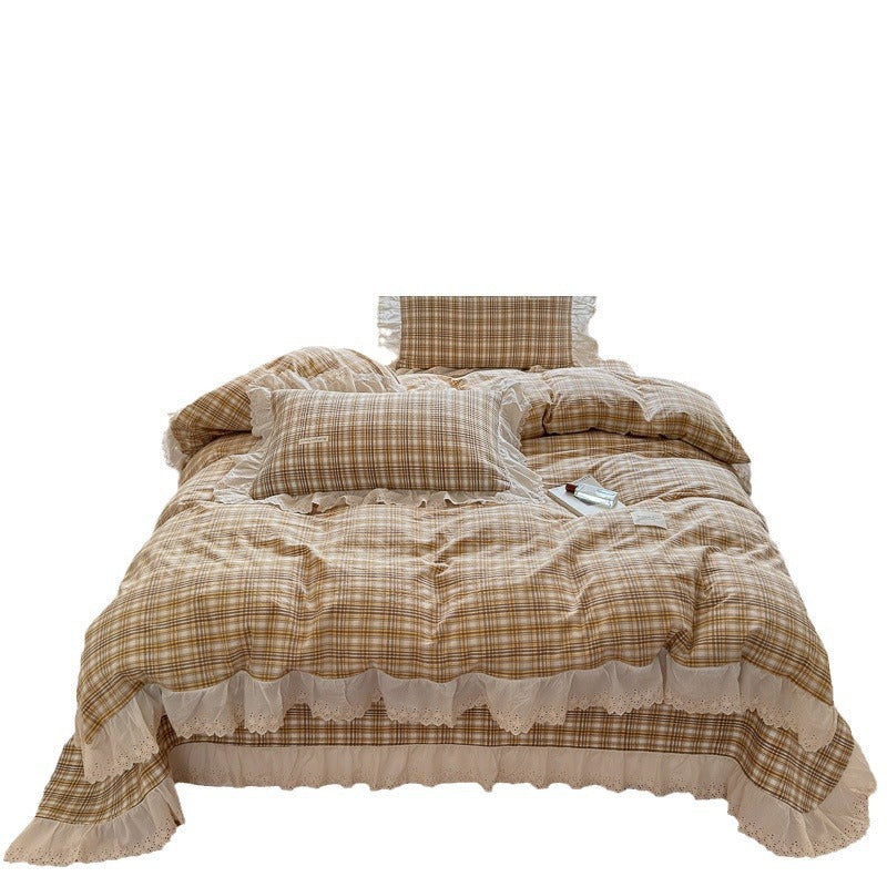 Ruffled Eyelet Lace Striped Cotton Duvet Cover Set with Frilled Pillow Shams