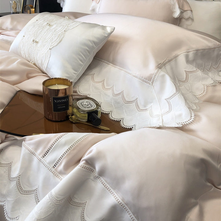 Luxurious satin bedding set with fine lace trim