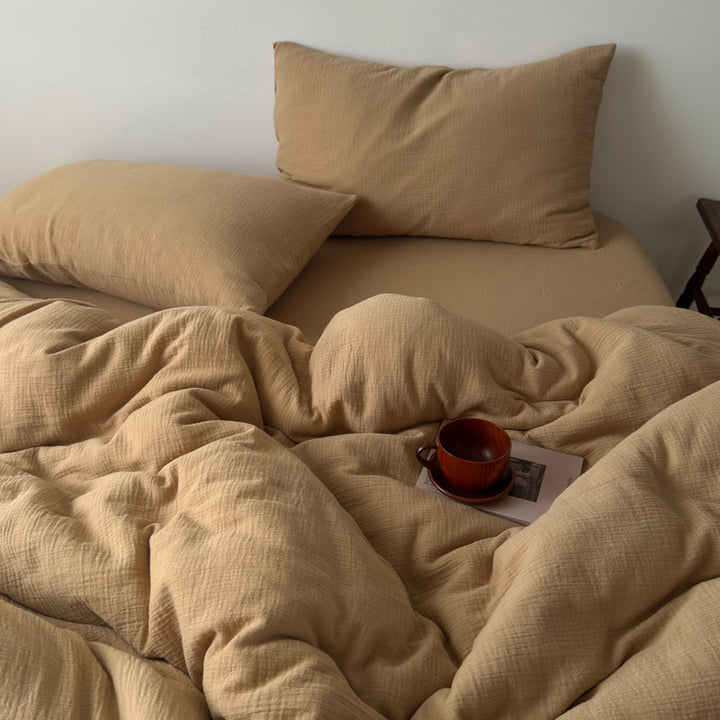 Washed Cotton Gauze Textured Duvet Cover Set with Deep-Pocket Fitted Sheet