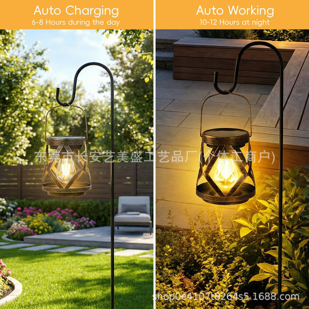 Portable Antique-Style Solar LED Lantern Pair With Built-In Solar Panel Hanging Handle And Weatherproof Metal Lattice Frame Stornfield