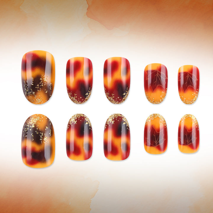Artistic Press-On Nail Set with Autumn Leaf Design Stornfield