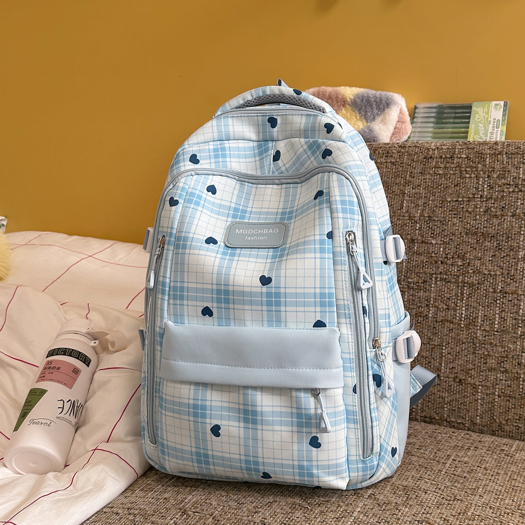 Stylish Checked Backpack with Heart Accents Stornfield