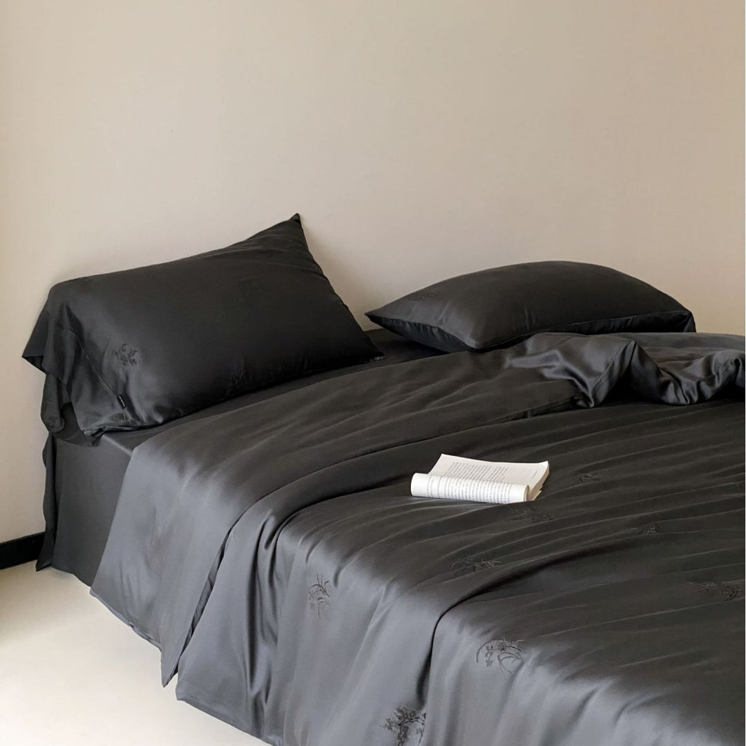 Silky Satin Luxury Bedding Set with Embroidered Duvet and Pillowcases