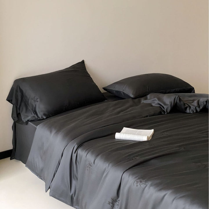 Silky Satin Luxury Bedding Set with Embroidered Duvet and Pillowcases
