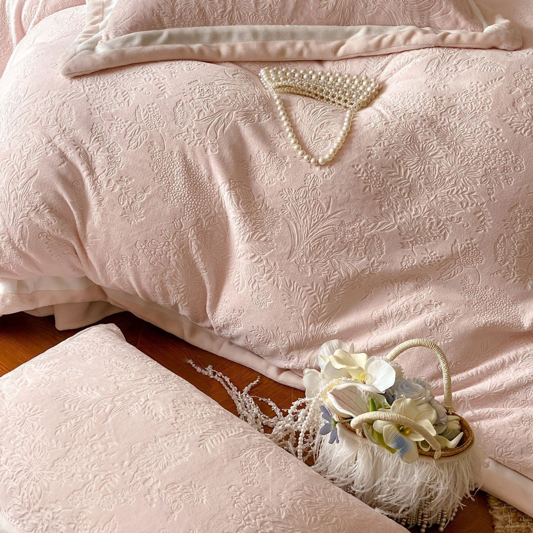 Embroidered Jacquard Floral Duvet Cover Set with Velvet Piped Edge and Pearl Appliqué