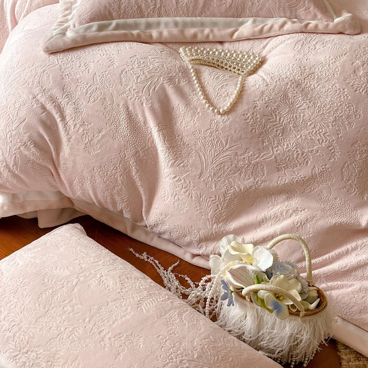 Embroidered Jacquard Floral Duvet Cover Set with Velvet Piped Edge and Pearl Appliqué