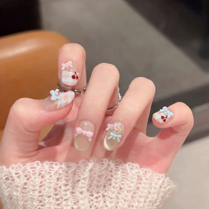 Decorative Press-On Nail Art Set with Charming Bow and Cherry Accents Stornfield