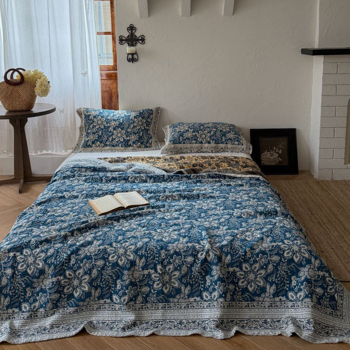 Handcrafted Floral Kantha-Style Cotton Quilt Bedspread with Matching Pillow Shams