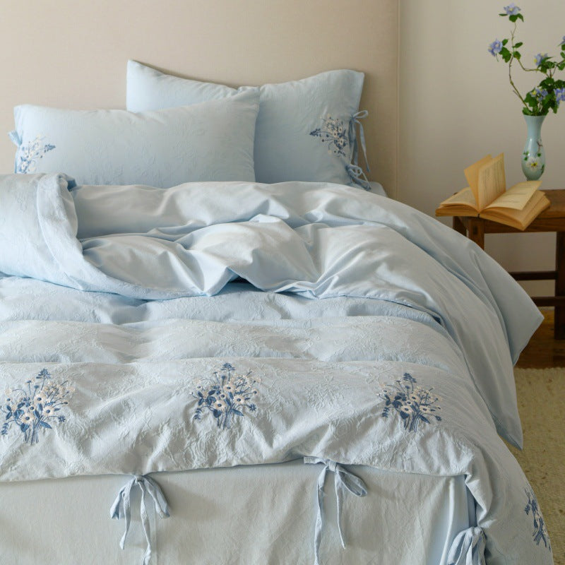 Cotton-Linen Embroidered Duvet Cover Set with Tie-Closure Pillowcases