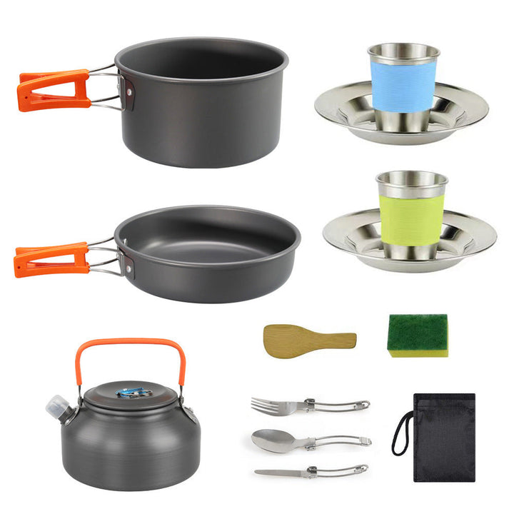 lightweight hard-anodized camping cookware set with folding handles compact kettle and stainless cup plates Stornfield