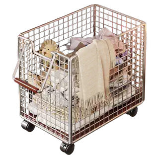 Mobile Ventilated Metal Mesh Storage Basket with Wooden Handle and Swivel Wheels