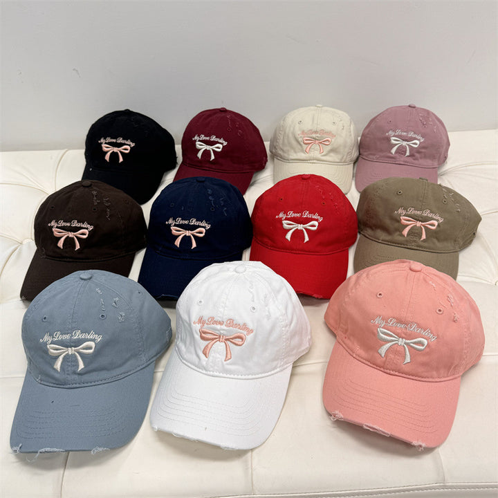 Women's Distressed Cotton Baseball Cap with Bow Embroidery Stornfield