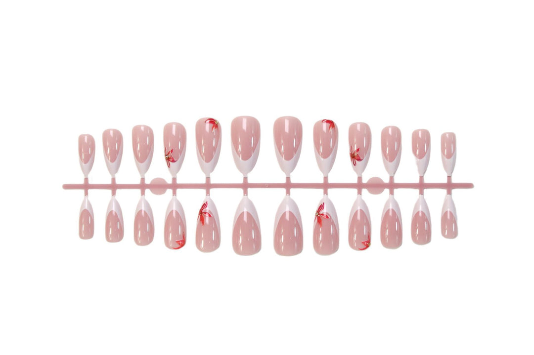 Artificial nail set with elegant French design and charming floral accents Stornfield