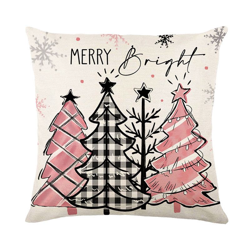 Square Cotton-Linen Snowman Accent Pillow Cover with Pink Striped Beanie and Scarf Print