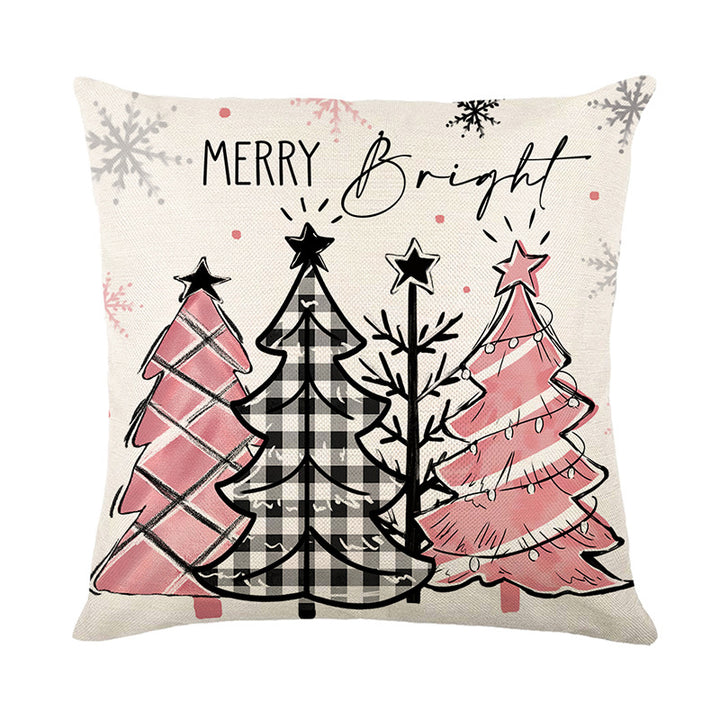 Square Cotton-Linen Snowman Accent Pillow Cover with Pink Striped Beanie and Scarf Print