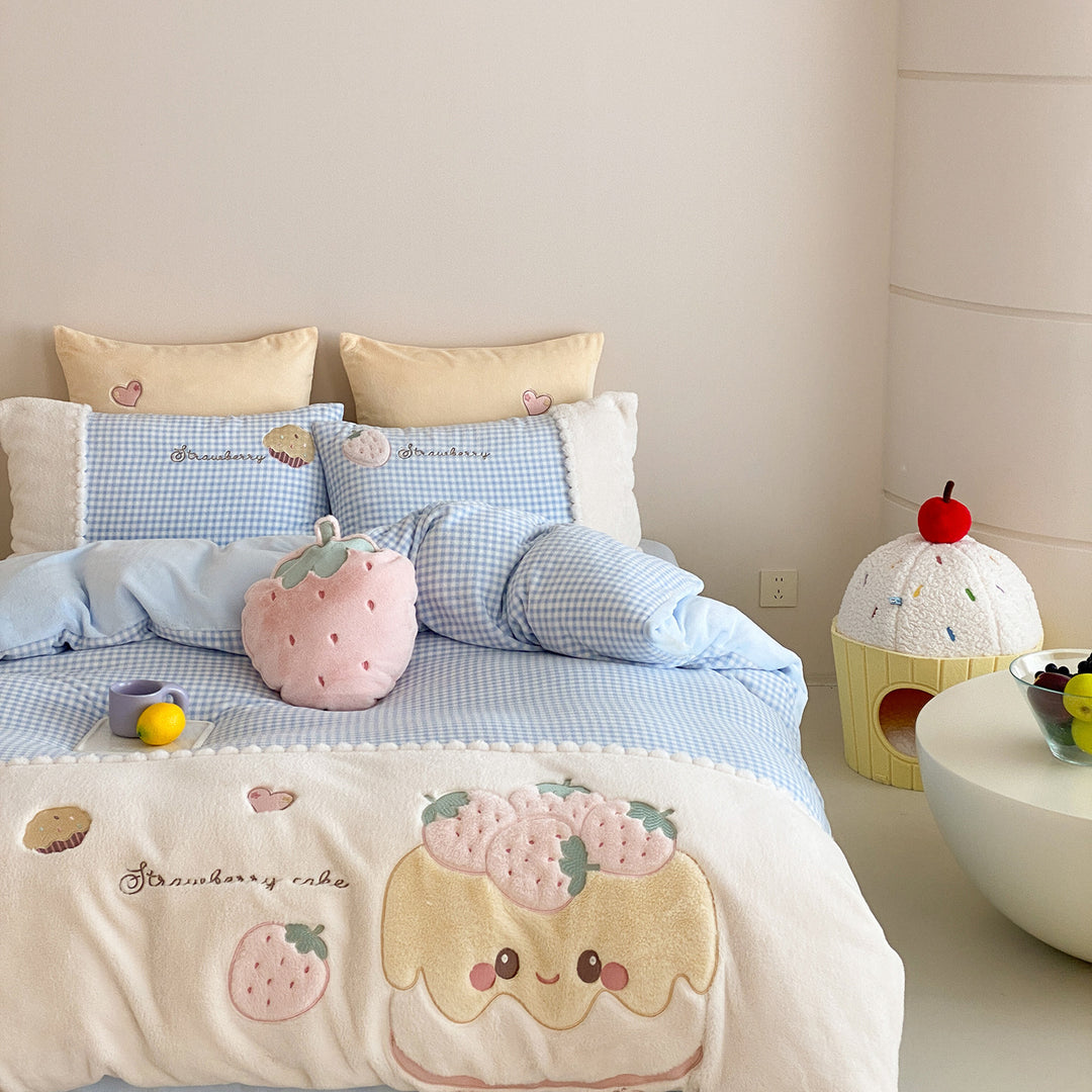 Cozy bedding set with embroidered strawberry appliqués