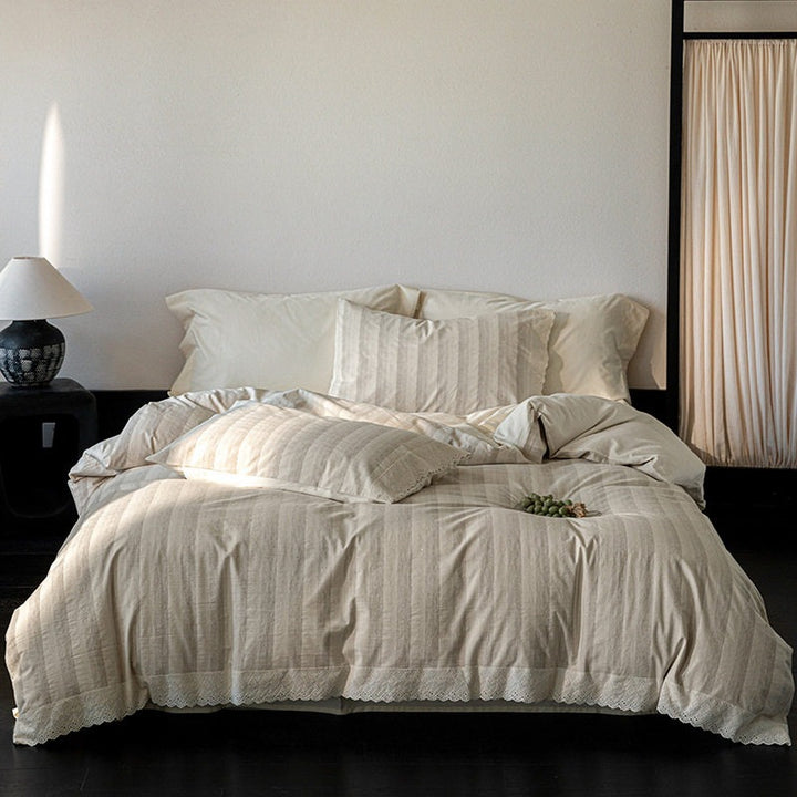 Light cotton-linen duvet cover set with fine longitudinal stripe texture and lace hem