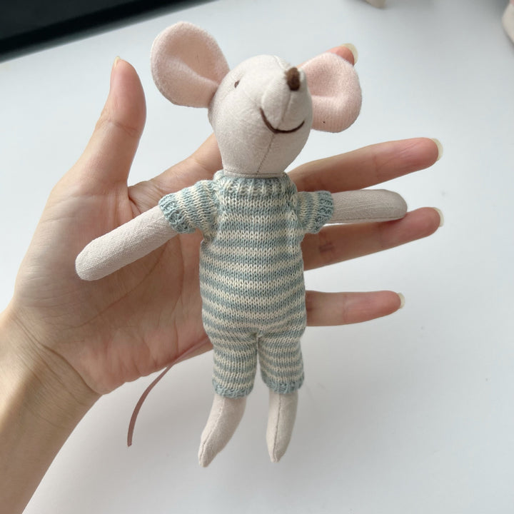 Handcrafted Linen Elephant Plush Doll with Striped Ruffle Collar and Soft Romper