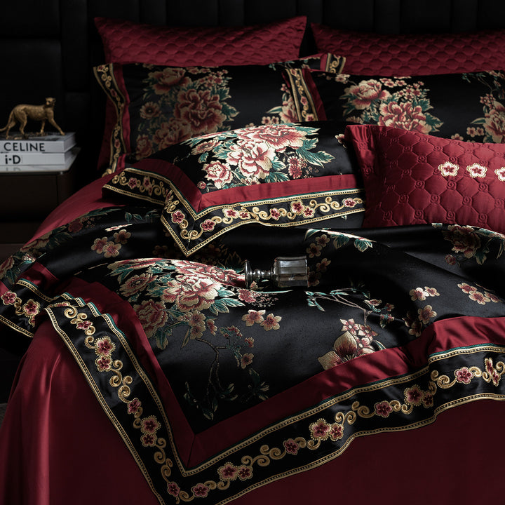Luxury Satin Floral Jacquard Duvet Cover Set with Quilted Accent Pillow