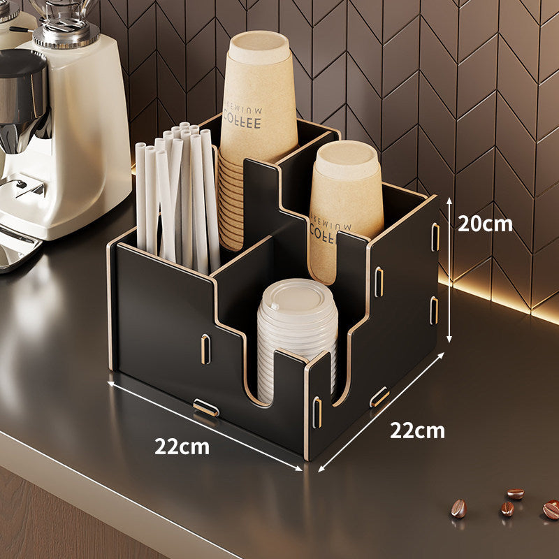 Modular Bamboo Countertop Coffee Station Organizer with Multi-Compartment Cup Lid and Straw Dispensers