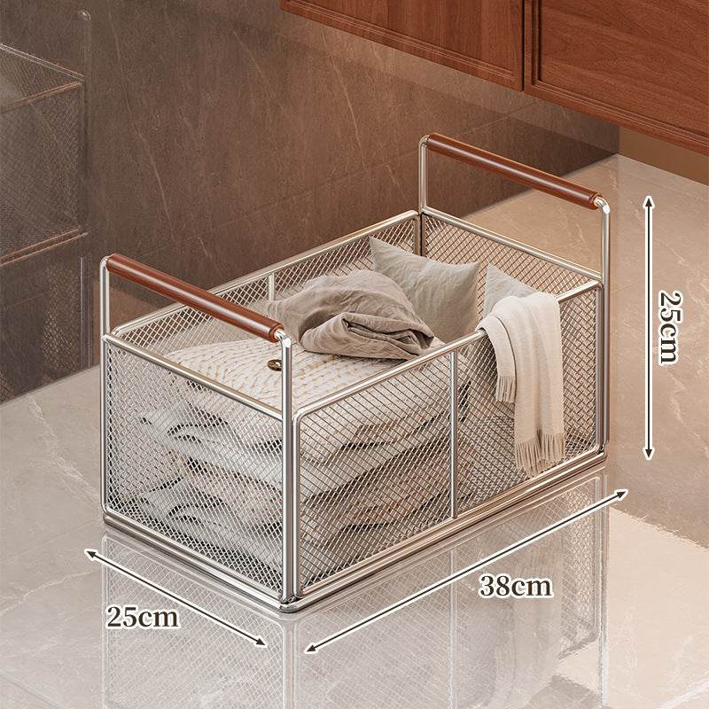 Freestanding Mesh Storage Crate with Wooden Grip Handles for Living Room and Laundry