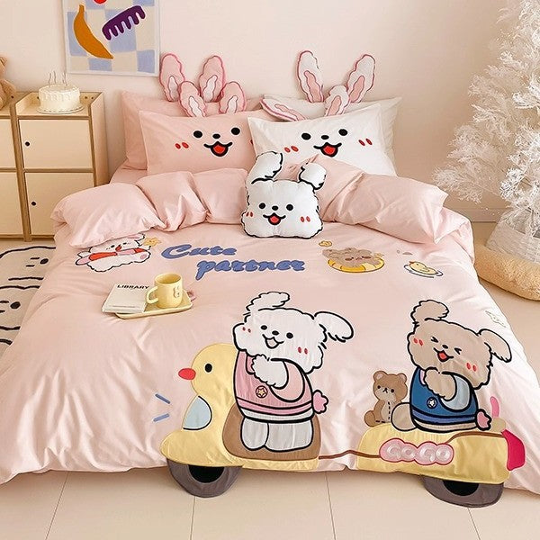 Children's Cartoon Bear Cotton Duvet Cover Bedding Set with Plush Pillow Shams