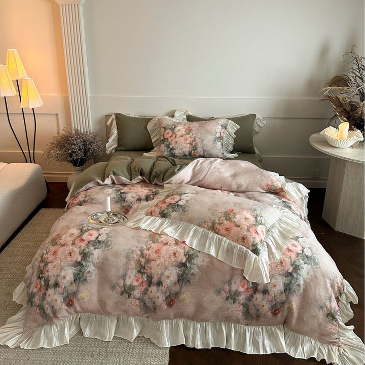 Romantic bedding set with floral watercolor look, ruffles and satin trim