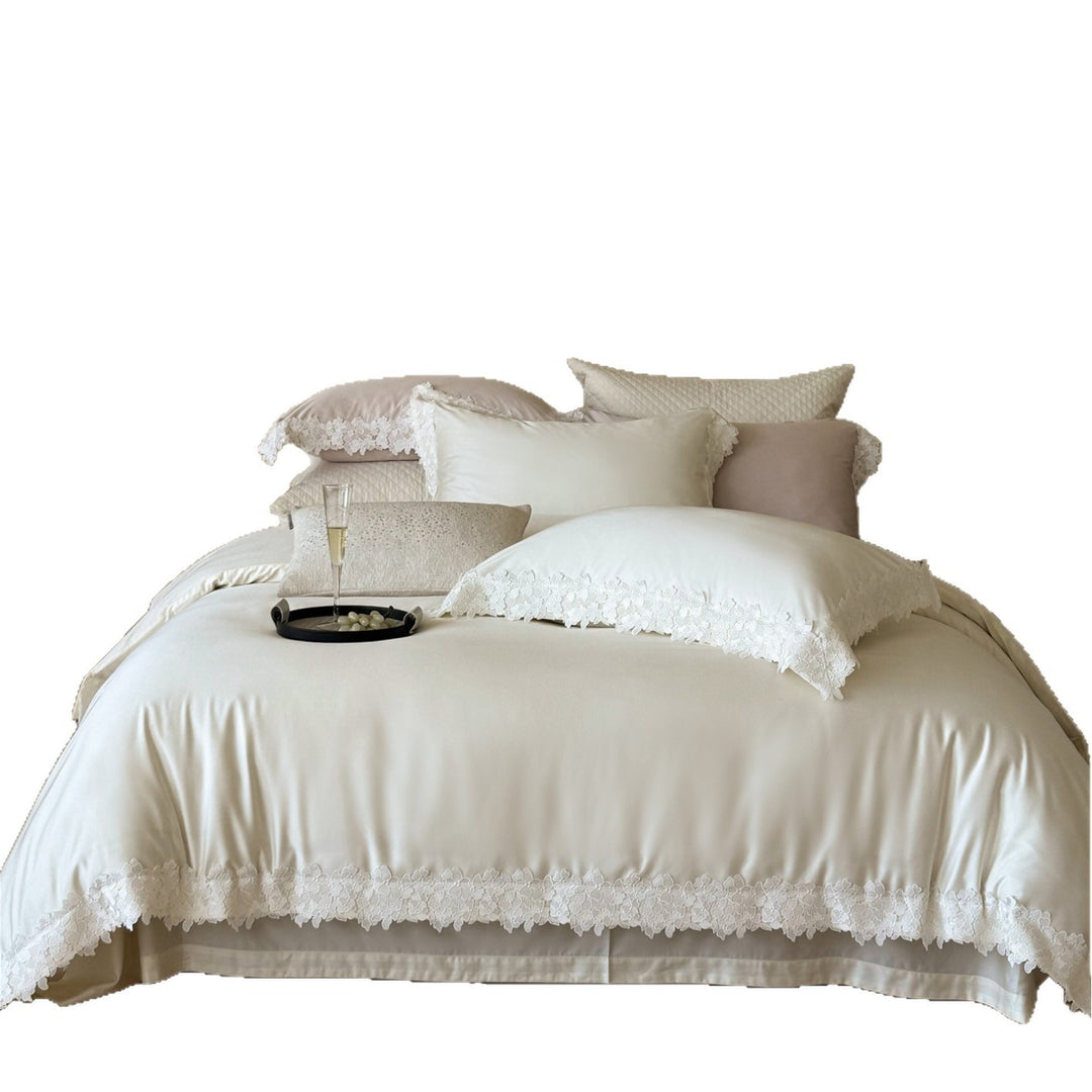 Silky Satin Duvet Cover Ensemble with Scalloped Floral Lace Border and Pillow Shams