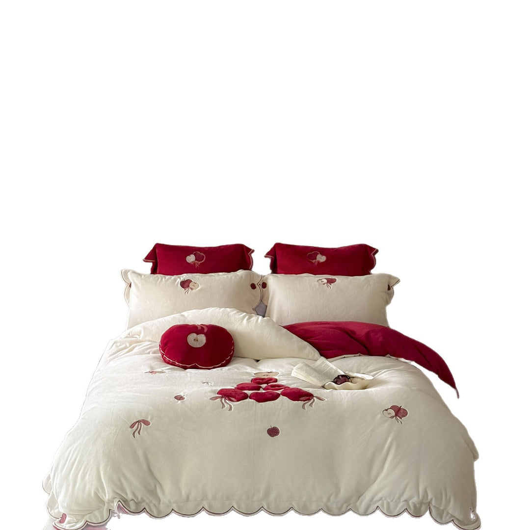 Embroidered Cherry Waffle-Texture Duvet Cover Set with Scalloped Edge
