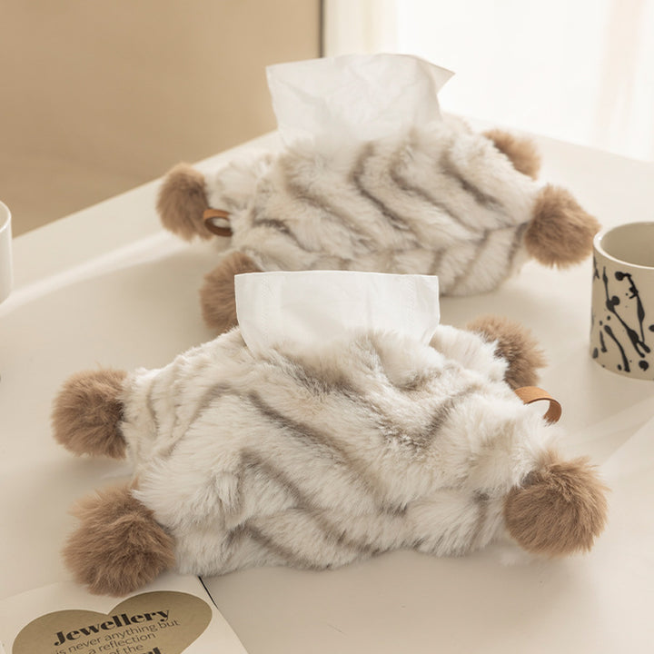 Decorative faux fur tissue box cover with pom poms and hanging handle Stornfield