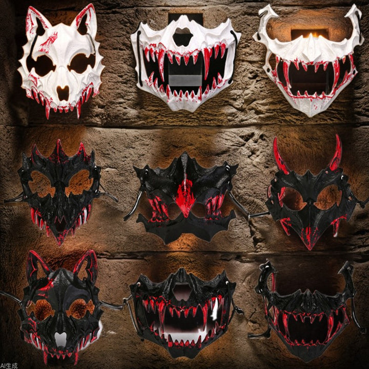 Half-face mask with flashing vampire teeth and adjustable rubber band