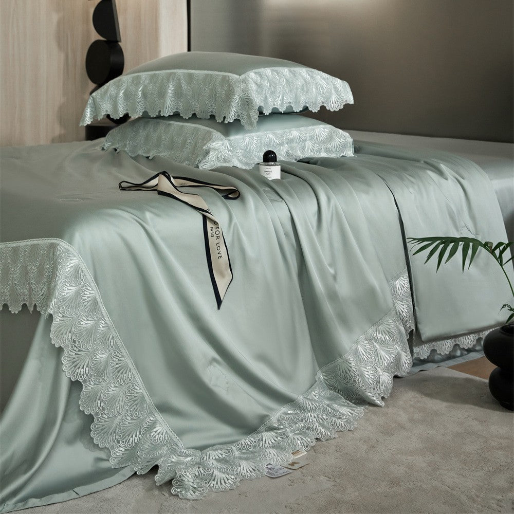 Luxurious satin bed linen set with French lace trim