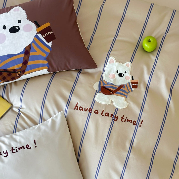 Polka Dot Embroidered Cotton Sateen Duvet Cover Set with Cute Black Cat Applique
