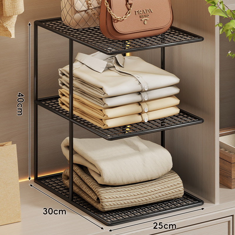 Triple-Tier Grid Mesh Closet Shelf Organizer with Stackable Modular Design