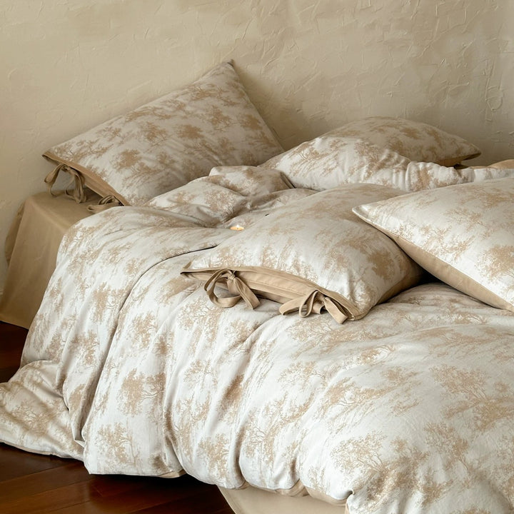 Cotton-Linen Toile Print Duvet Cover Set with Side Tie Closures