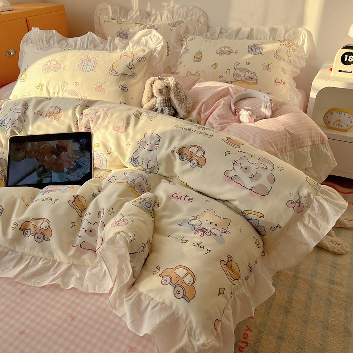 Cartoon Plaid Cotton Percale Duvet Cover Set with Ruffled Sham and Reversible Back