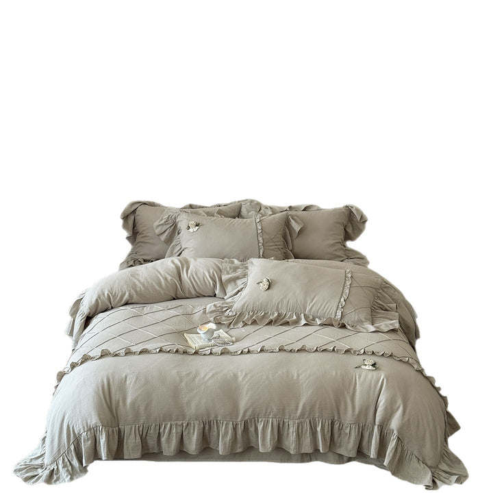 Ruffled Cotton-Linen Duvet Cover Set with Embroidered Rose Appliqué & Pillow Shams