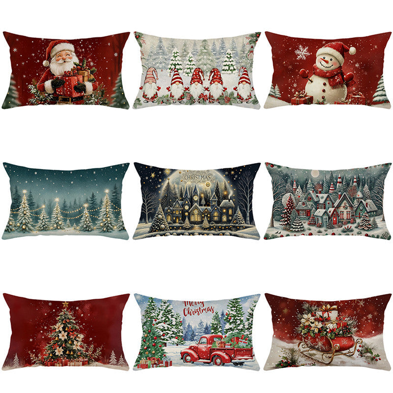 Festive Cotton-Linen Christmas Decorative Rectangular Pillow Cover with Santa Illustration and Hidden Zipper