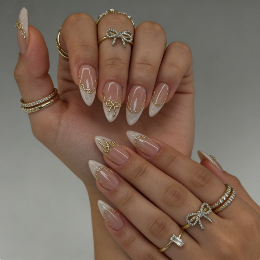 Artificial nails with Elegant French Design and Golden Decorations Stornfield