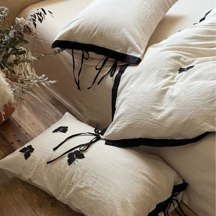 Linen-Blend Duvet Cover Set with Black Appliqué Motifs and Tie Closures