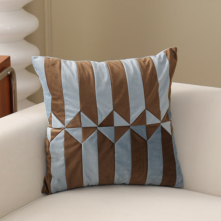 Square decorative cushion with striped velvet inlay and geometric pleated look