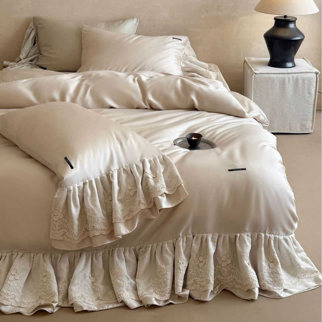 Extravagant satin duvet cover set with ruffled lace trim and silky smooth texture