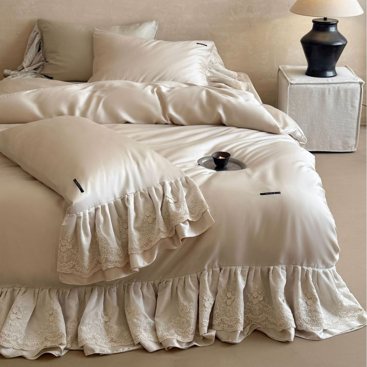 Extravagant satin duvet cover set with ruffled lace trim and silky smooth texture