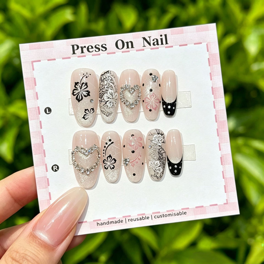 Elegant Reusable Press-On Nail Art Set with Floral Accents