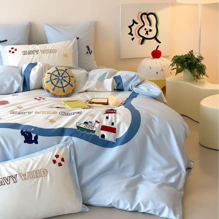 Children's Nautical Embroidered Cotton-Sateen Duvet Cover Bedding Set with Lighthouse & Ship Motifs