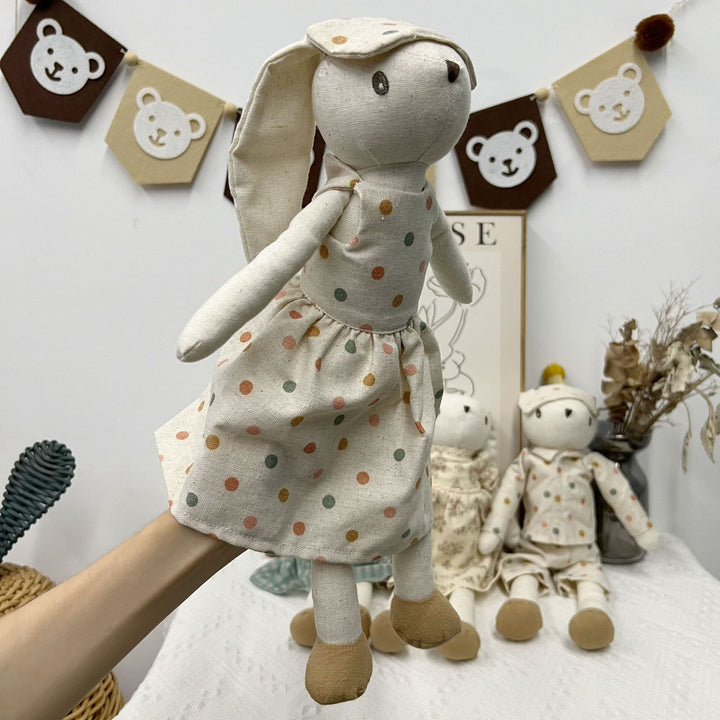 Handcrafted Linen Bunny Rag Doll with Long Ears and Gingham Dress