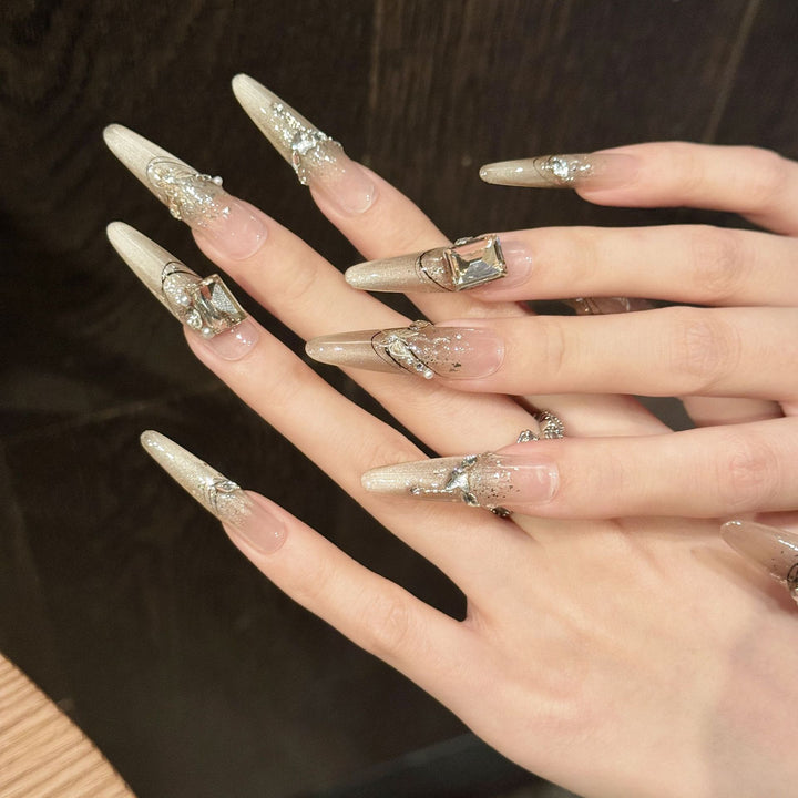 Elegant Almond-Shaped Press-On Nail Art Set with Rhinestone and Glitter Accents