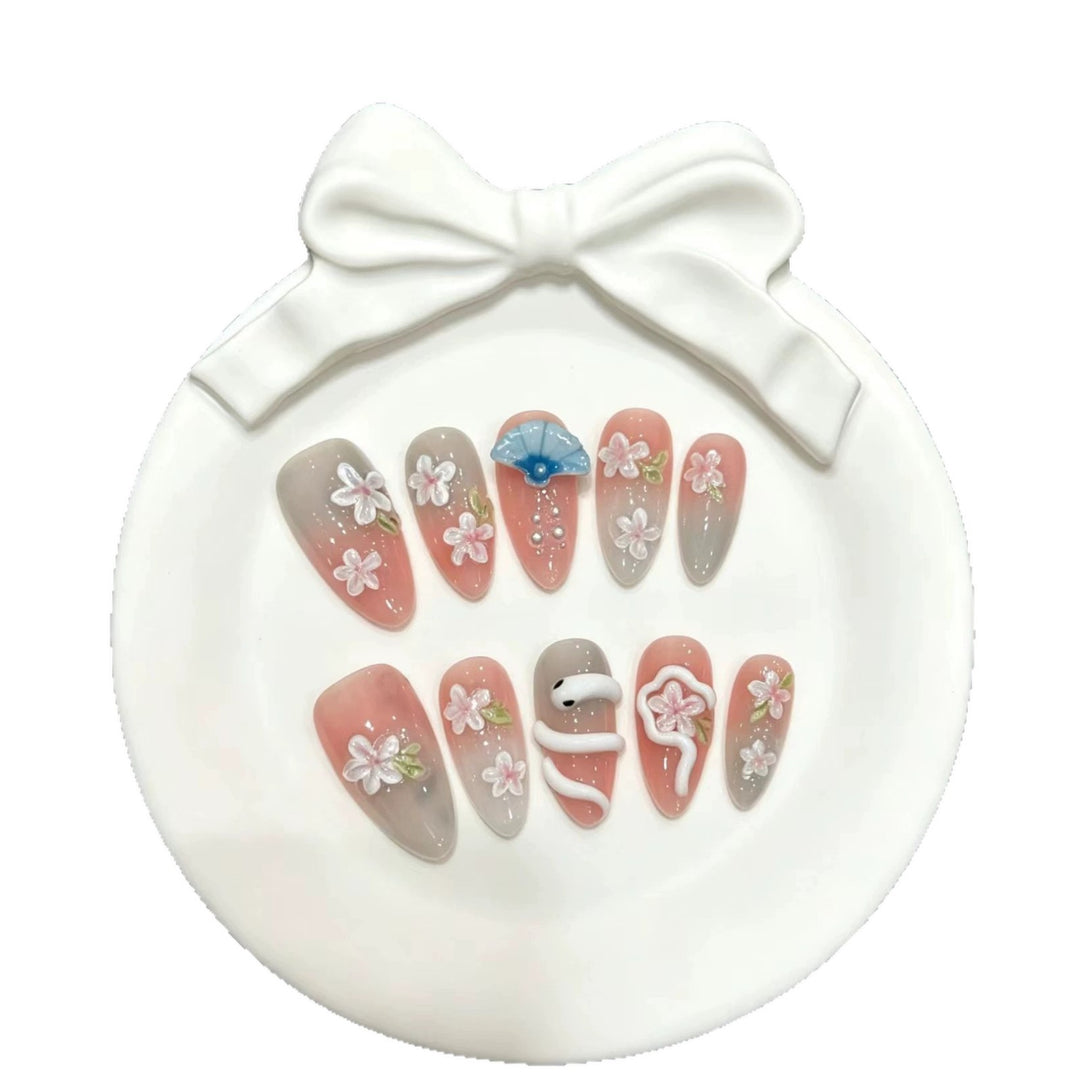 Decorative Press-On Nail Art Set with Floral and Umbrella Accents