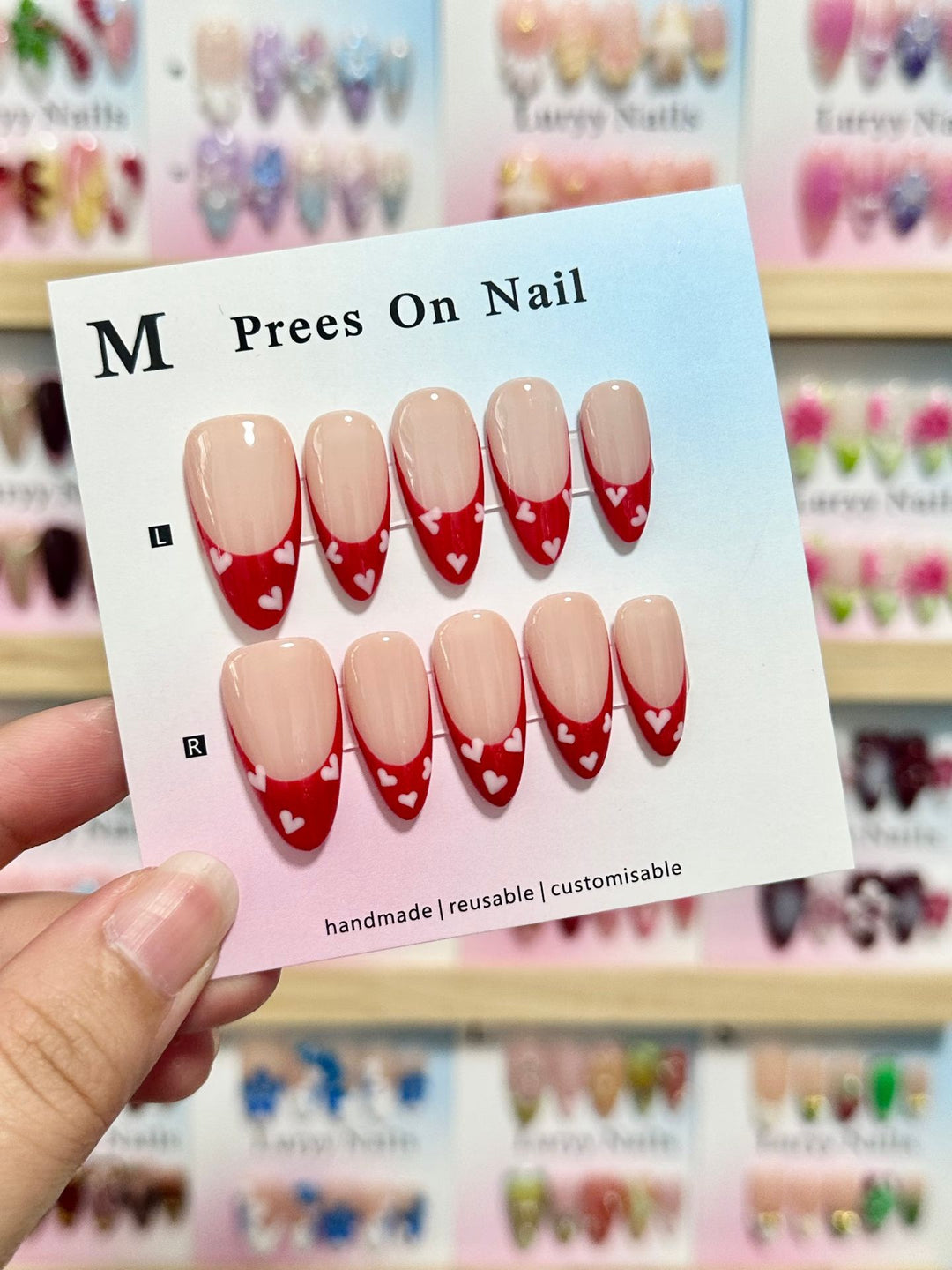 Handmade Press-On Nail Set with Heart Pattern