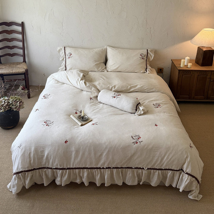 Embroidered Linen-Blend Ruffled Duvet Cover Set with Bolster and Shams